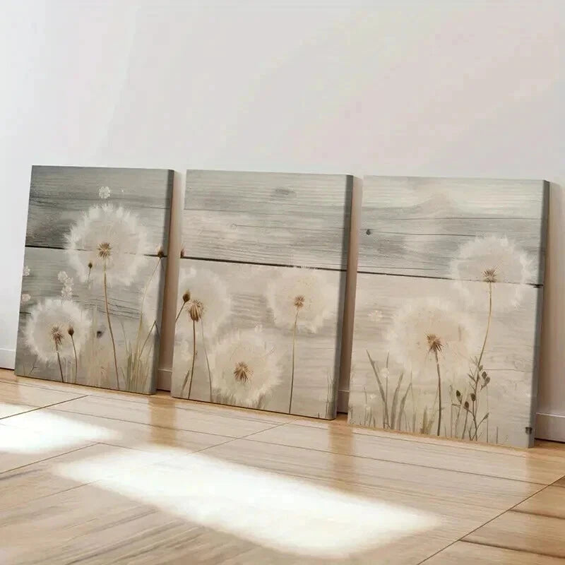 3pcs Rustic Wooden Background Dandelion Floral Wall Art Set Canvas Framed 50x70cm - High Quality Print 100% Australian Made Wall Canvas Ready to Hang - Bella Home Decor