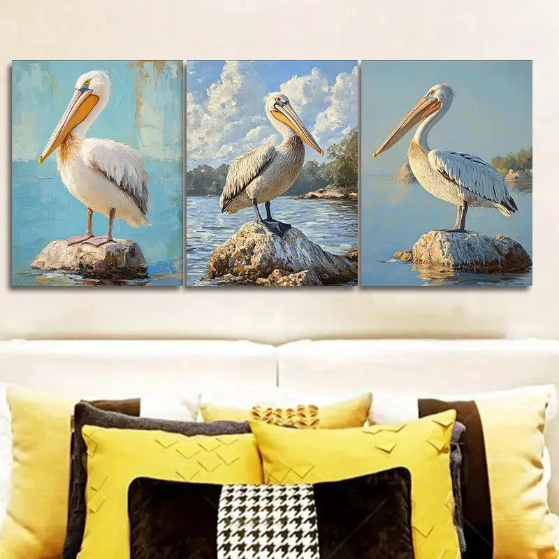 3pcs Pelican Perched on a Rock in Water Wall Art Set Canvas Framed 50x70cm - High Quality Print 100% Australian Made Wall Canvas Ready to Hang