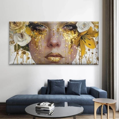 Woman Face with Golden & Roses Wall Art Canvas Office Home Room Framed 120x60cm