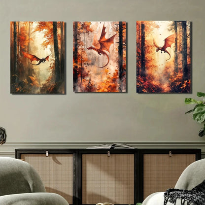3pcs Autumn Forest Dragon Watercolor Metal Print Ready to Hang Art