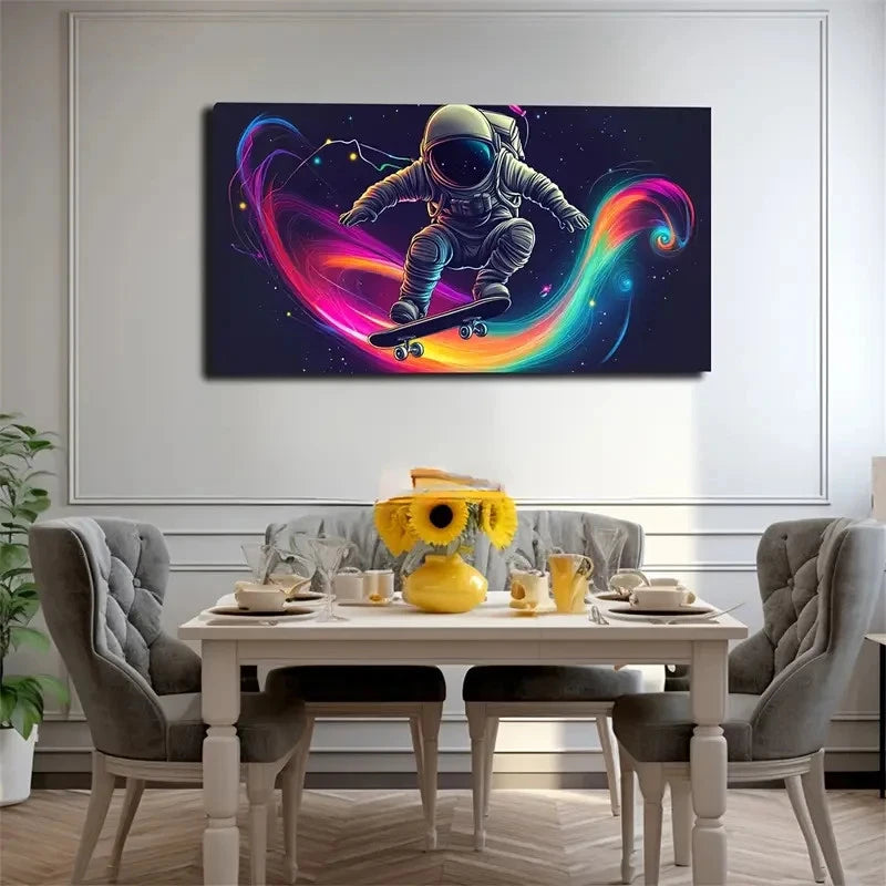 Vibrant Astronaut Skateboarding Wall Art Canvas Office Home Room Framed 120x60cm