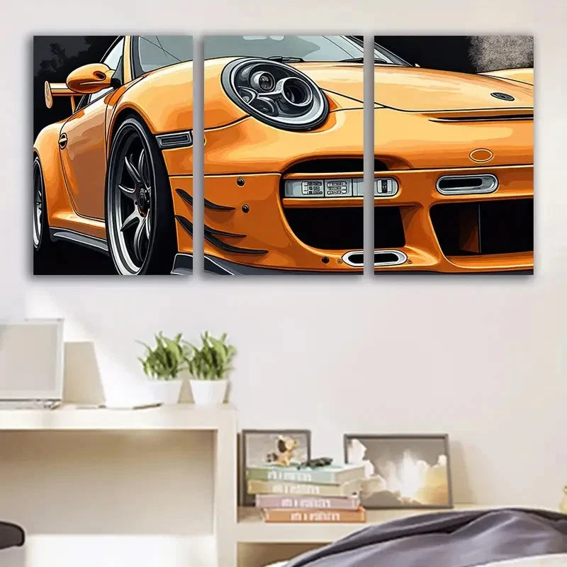 3pcs Vibrant Orange Sports Car Illustrations Wall Art Set Canvas Framed 60x90cm - High Quality Print 100% Australian Made Wall Canvas Ready to Hang