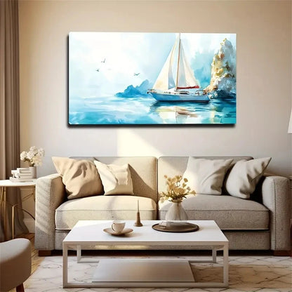 Abstract Coastal Sailboat Sea Wall Art Canvas Office Home Room Framed 120x60cm