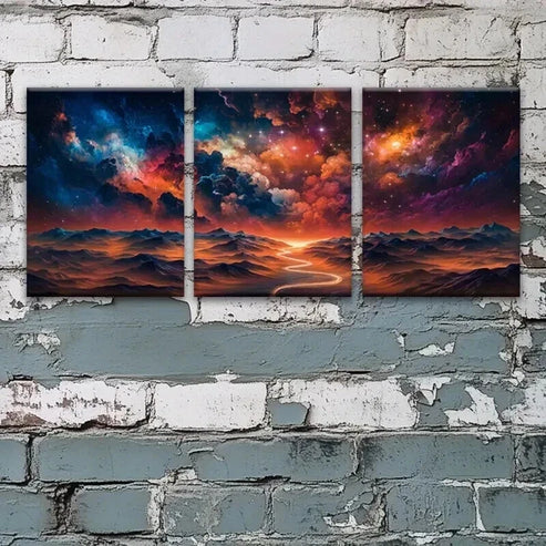 3pcs Vibrant Starry Skies & Mountain Range Wall Art Canvas Unframed - High Quality Print 100% Australian Made Wall Canvas
