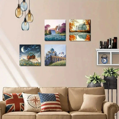 4pcs Rustic Turquoise Barn & ScenicWall Art Canvas Framed