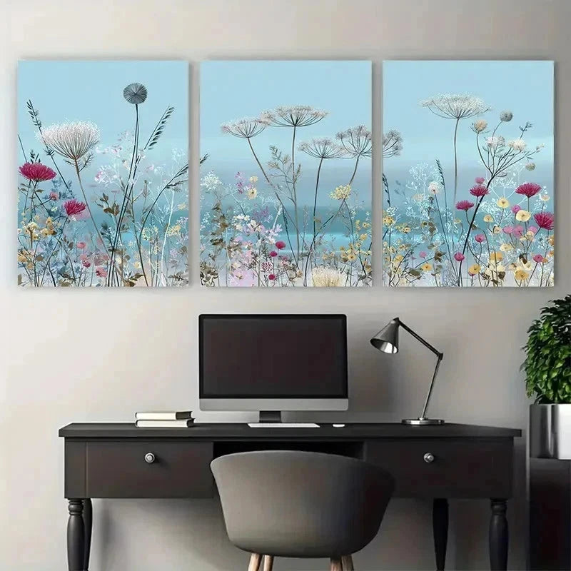 3pcs Coastal Beachgrass Wildflower Field Perfect Wall Art Set Canvas Framed 50x70cm - High Quality Print 100% Australian Made Wall Canvas Ready to Hang - Bella Home Decor