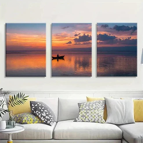 3pcs Tranquil Sunset & Boat on a Lake Art Set Canvas Unframed - High Quality Print 100% Australian Made Wall Canvas