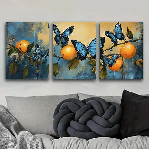 3pcs Beautiful Blue Butterflies & Orange Perfect Wall Art Set Canvas Unframed - High Quality Print 100% Australian Made Wall Canvas - Bella Home Decor