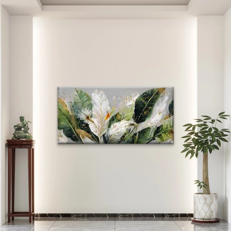 White Feathers Green Leaves Wall Art Canvas Office Home Room Framed 120x60cm