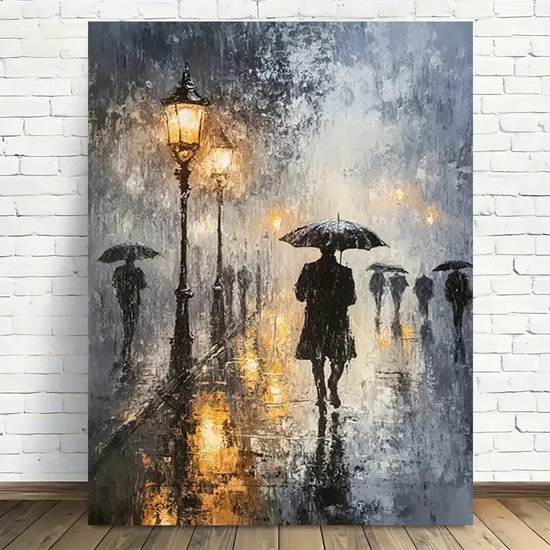 Beautiful Rainy Night Umbrella Walkers Painting 40x60cm Metal Print Ready to Hang - Bella Home Decor