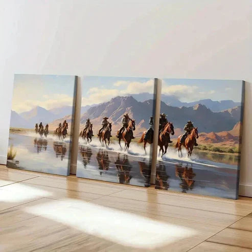 3pcs Cowboys Herd Of Horses River Mountains Wall Art Canvas Unframed - High Quality Print 100% Australian Made Wall Canvas - Bella Home Decor