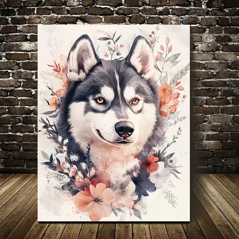 Cute Siberian Husky with Vibrant Flowers Painting 40x60cm Metal Print Ready to Hang
