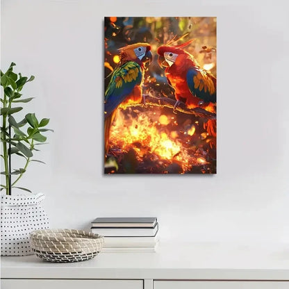 Vibrant Parrot Playtime Scene with Glowing Painting 40x60cm Metal Print Ready to Hang