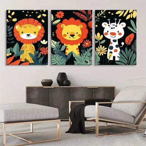 3pcs Cute Animal Safari Playful Perfect  Wall Art Set Canvas Unframed - High Quality Print 100% Australian Made Wall Canvas - Bella Home Decor