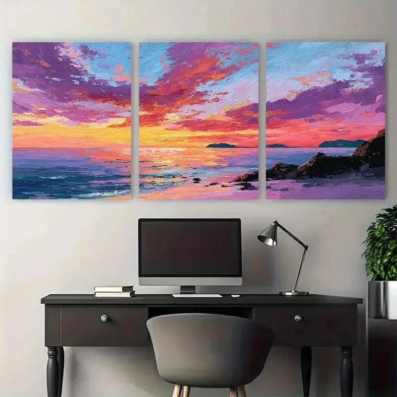 3pcs Sunset Beach Vibrant Coastal Scene Perfect Wall Art Canvas Framed 60x90cm