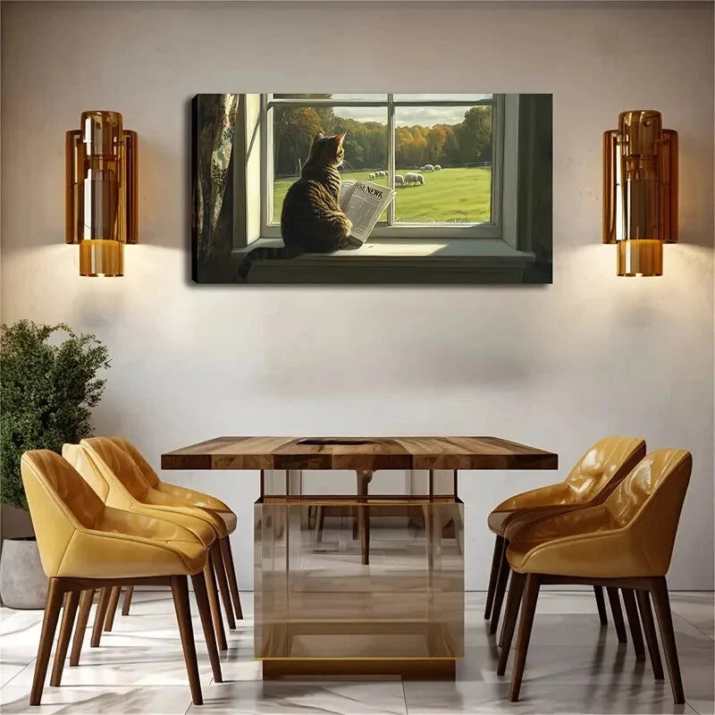 Abstract Tabby Cat Reading Wall Art Canvas Office Home Room Framed 120x60cm - Bella Home Decor