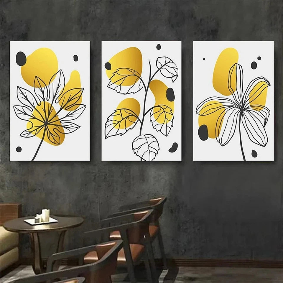 3pcs Abstract Floral Yellow and Black Leaves Metal Print Ready to Hang Art - Bella Home Decor