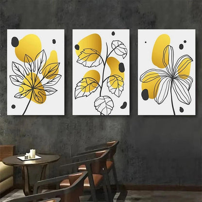 3pcs Abstract Floral Yellow and Black Leaves Metal Print Ready to Hang Art - Bella Home Decor