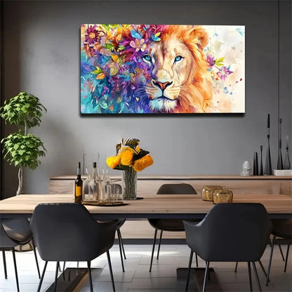 Surrounded By Flowers Lion Wall Art Canvas Office Home Room Framed 120x60cm