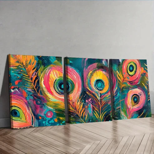 3pcs Peacock Feather Design Colorful Bright Wall Art Set Canvas Unframed - High Quality Print 100% Australian Made Wall Canvas