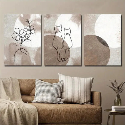 3pcs Modern Abstract Cat & Floral Line Perfect Wall Art Set Canvas Framed 40x60cm - High Quality Print 100% Australian Made Wall Canvas Ready to Hang - Bella Home Decor