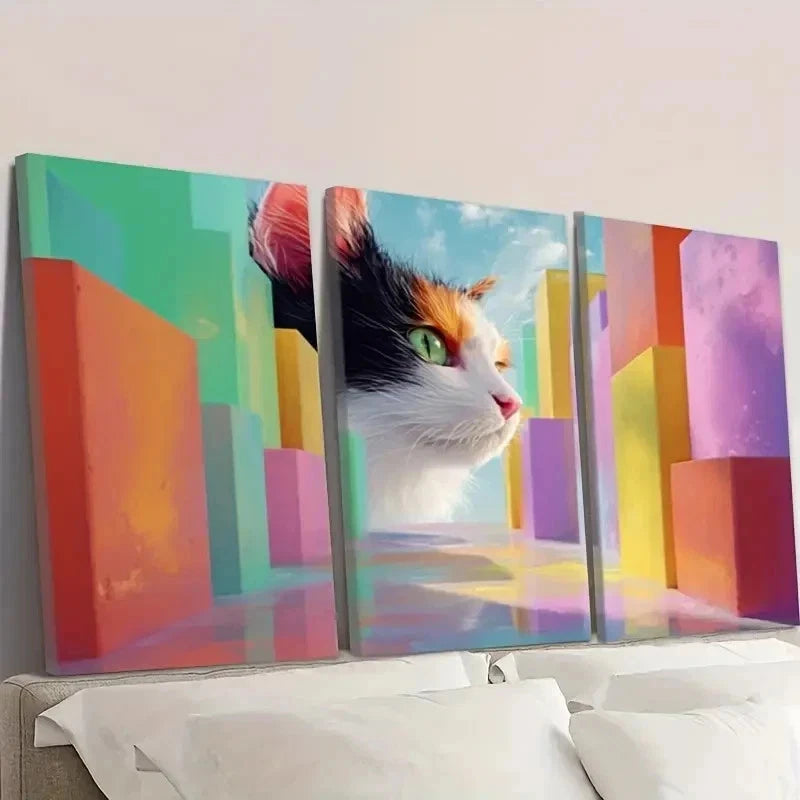 3pcs Vibrant Cat & Cityscape Wall Art Set Canvas Framed 60x90cm - High Quality Print 100% Australian Made Wall Canvas Ready to Hang