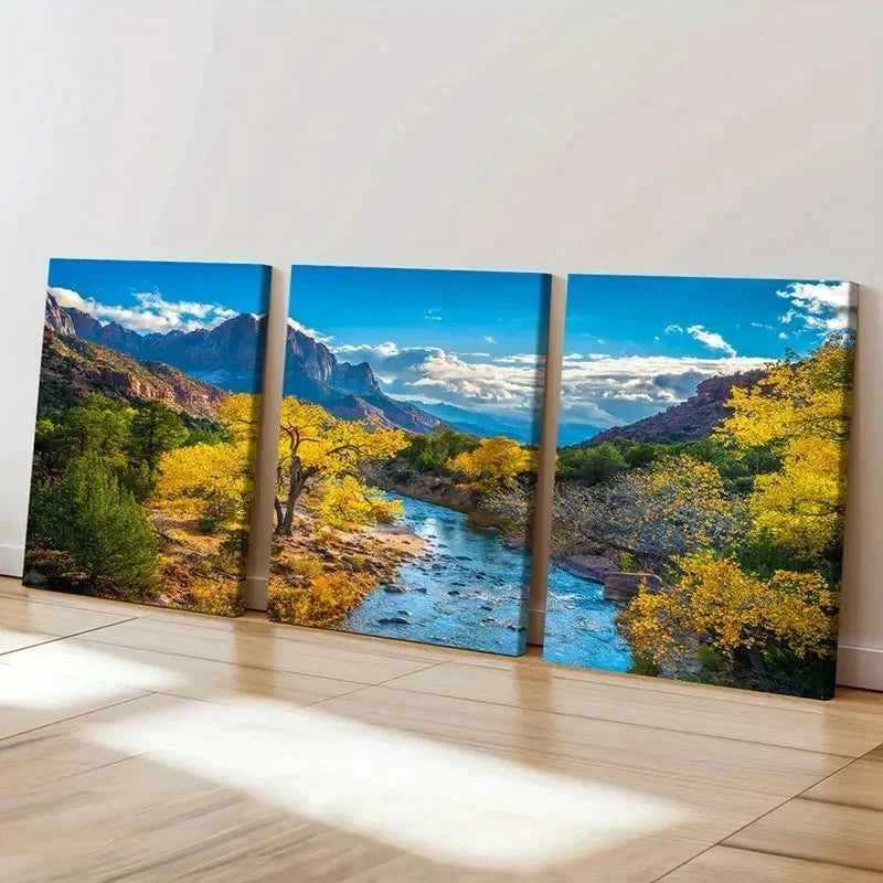 3pcs Mountains Forest and River Modern Wall Art Set Canvas Framed 50x70cm - High Quality Print 100% Australian Made Wall Canvas Ready to Hang - Bella Home Decor