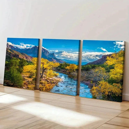 3pcs Mountains Forest and River Modern Wall Art Set Canvas Framed 50x70cm - High Quality Print 100% Australian Made Wall Canvas Ready to Hang - Bella Home Decor