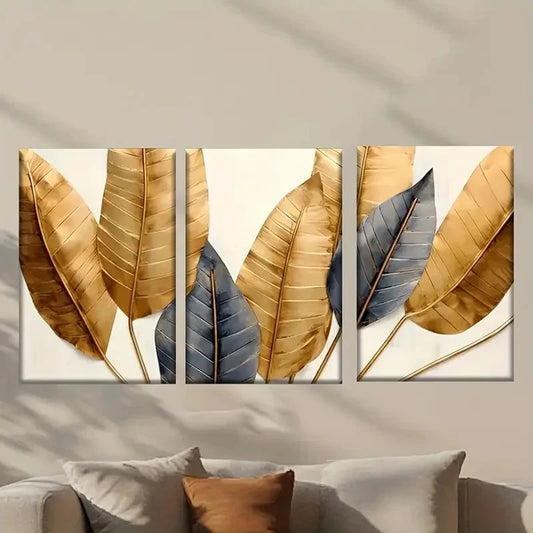 3pcs Three Golden Feathers on a White  Wall Art Set Canvas Framed 60x90cm - High Quality Print 100% Australian Made Wall Canvas Ready to Hang