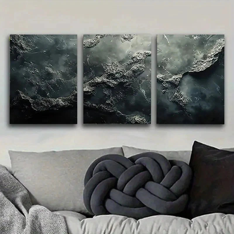 3pcs Fractured Black Stone Texture Wall Art Set Canvas Framed 50x70cm - High Quality Print 100% Australian Made Wall Canvas Ready to Hang - Bella Home Decor
