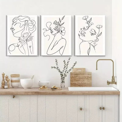 3pcs Minimalist Woman Flower Line Canvas Framed 40x60cm - High Quality Print 100% Australian Made Wall Canvas Ready to Hang - Bella Home Decor