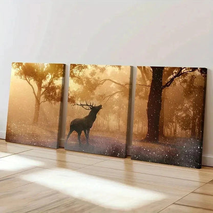 3pcs Sunlight Shining Into The Forest & Elk Wall Art Set Canvas Framed 60x90cm - High Quality Print 100% Australian Made Wall Canvas Ready to Hang