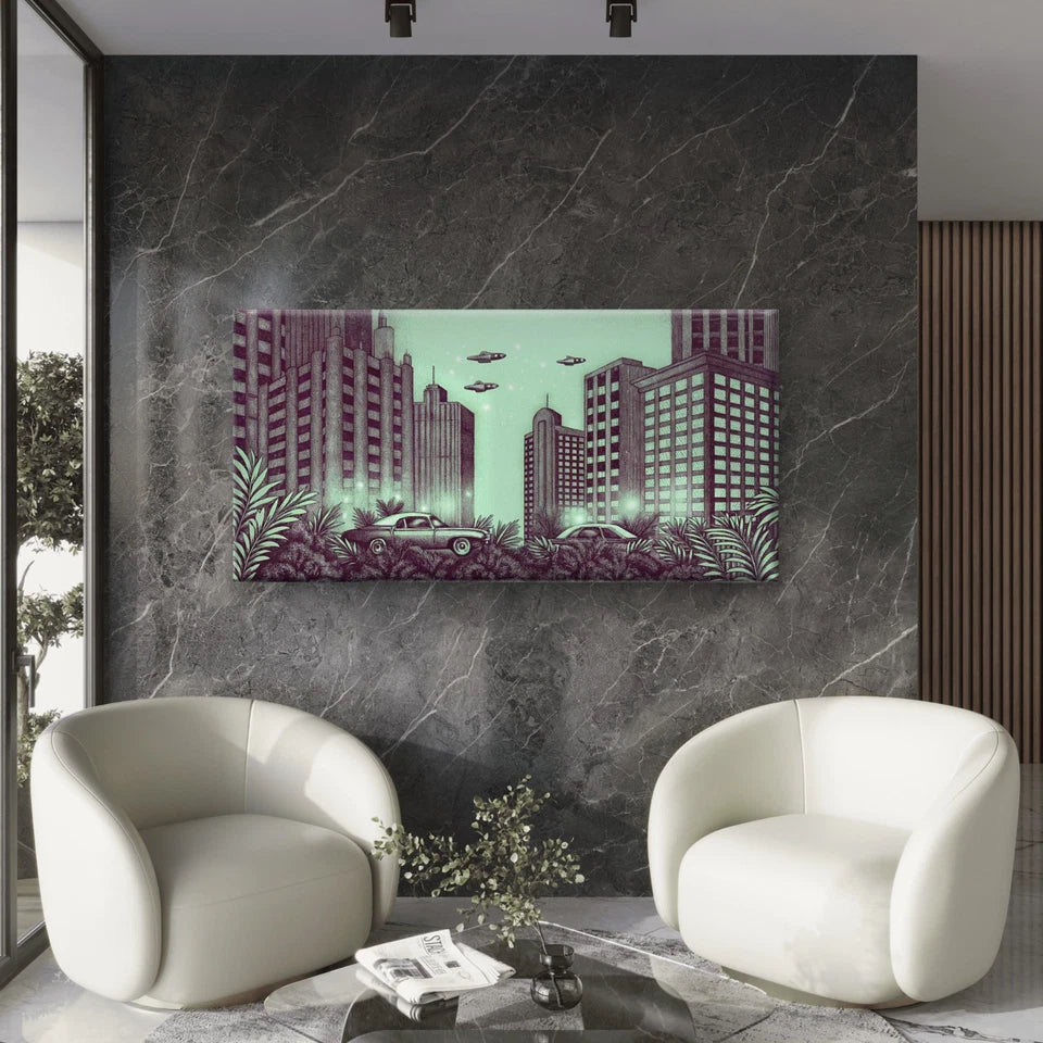 Alien Night City Wall Art Canvas Office Home Room Framed 120x60cm