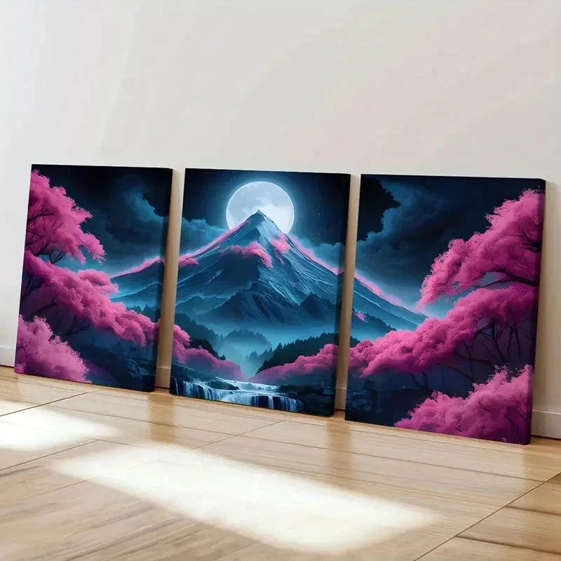 3pcs Mountain Under Full Moon Cherry Blossom Wall Art Set Canvas Framed 50x70cm - High Quality Print 100% Australian Made Wall Canvas Ready to Hang