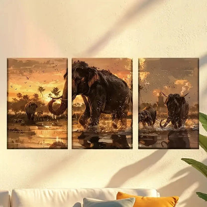 3pcs Ice Age Animals, Dramatic Sunset Wall Art Set Canvas Framed 40x60cm - High Quality Print 100% Australian Made Wall Canvas Ready to Hang