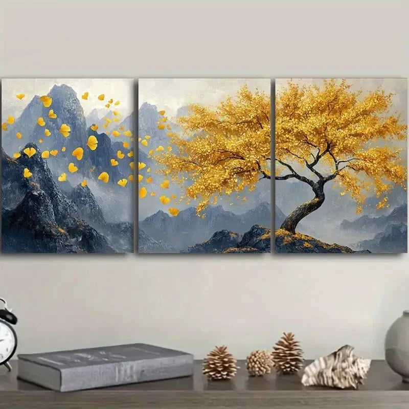 3pcs Golden Tree Modern Style Metal Print Ready to Hang Art - Bella Home Decor