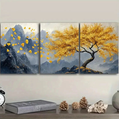3pcs Golden Tree Modern Style Metal Print Ready to Hang Art - Bella Home Decor