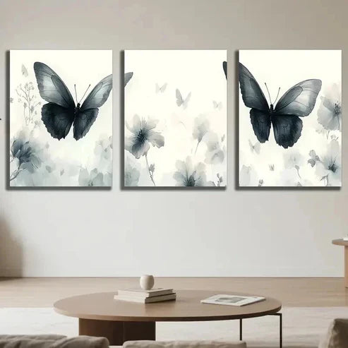 3pcs Black Butterfly & White Flowers Decor Wall Art Canvas Unframed - High Quality Print 100% Australian Made Wall Canvas - Bella Home Decor