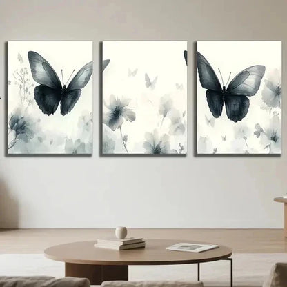 3pcs Black Butterfly & White Flowers Decor Wall Art Canvas Unframed - High Quality Print 100% Australian Made Wall Canvas - Bella Home Decor
