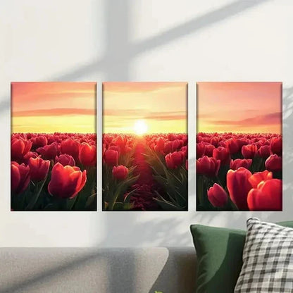 3pcs Sunset Scenery with Red Rose Field Wall Art Canvas Unframed - High Quality Print 100% Australian Made Wall Canvas