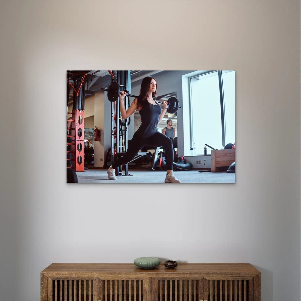 Woman Weightlifting Lunges in a Gym 5mm Plastic Poster Ready to Hang 90x60cm