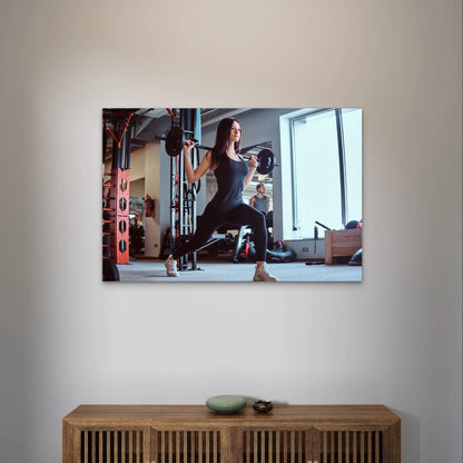 Woman Weightlifting Lunges in a Gym 5mm Plastic Poster Ready to Hang 90x60cm