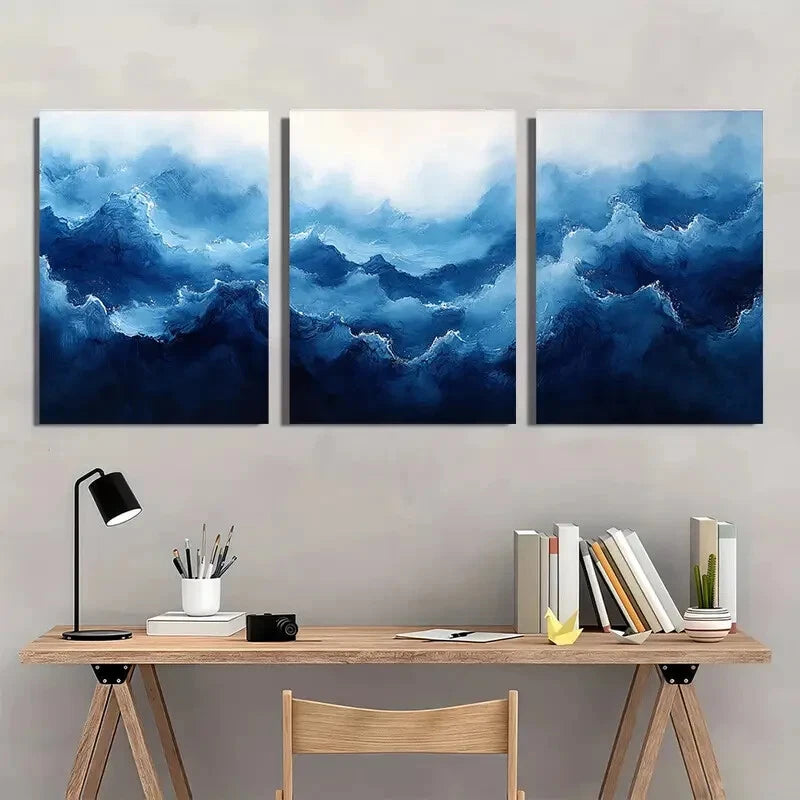3pcs Cobalt Blue Painting Watercolor Art Metal Print Ready to Hang Art - Bella Home Decor
