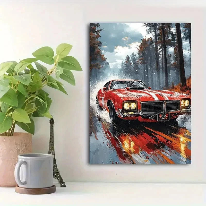 Beautiful Red Classic Muscle Car Racing Painting 40x60cm Metal Print Ready to Hang