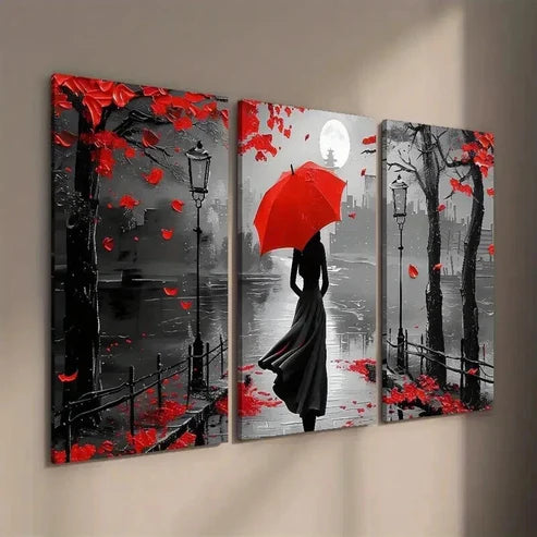 3pcs Black & White Girl with Red Umbrella Wall Art Set Canvas Unframed - High Quality Print 100% Australian Made Wall Canvas - Bella Home Decor