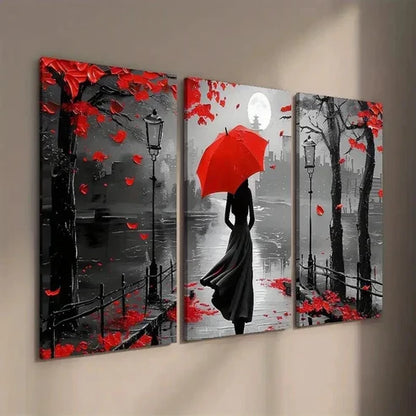 3pcs Black & White Girl with Red Umbrella Wall Art Set Canvas Unframed - High Quality Print 100% Australian Made Wall Canvas - Bella Home Decor