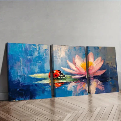 3pcs Ladybug & Water Lily Painting Bug Floral Wall Art Set Canvas Unframed - High Quality Print 100% Australian Made Wall Canvas