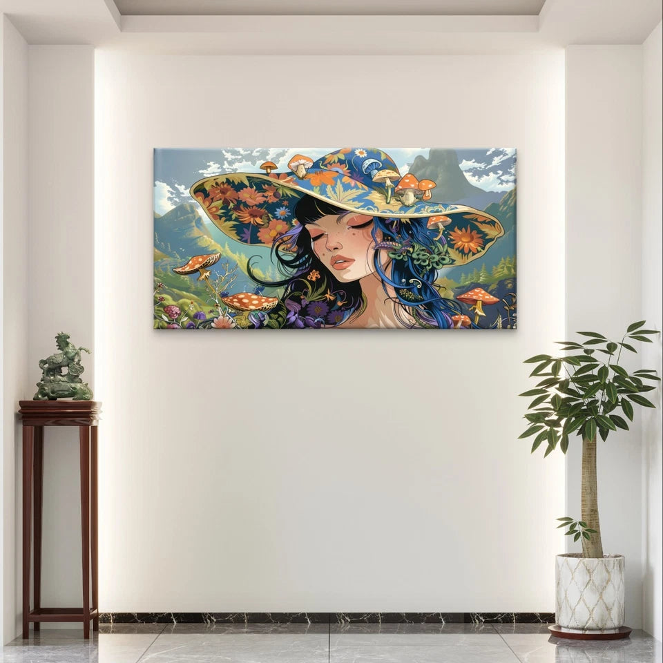Cute Fantasy Girl with Floral Hat Wall Art Canvas Office Home Framed 120x60cm