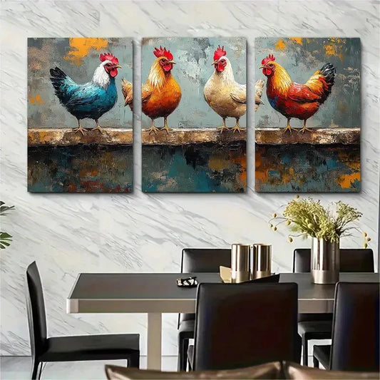 3pcs Vibrant Rooster Colorful Farm Birds Perfect Wall Art Set Canvas Framed 60x90cm - High Quality Print 100% Australian Made Wall Canvas Ready to Hang