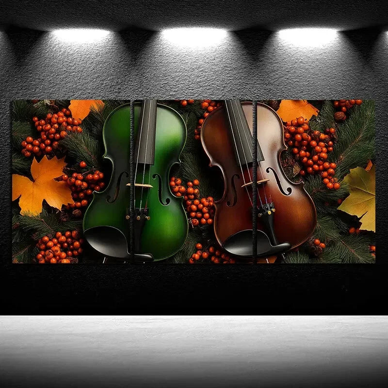 3pcs Chic Cello Trio Gold Leaves Metal Print Ready to Hang Art - Bella Home Decor
